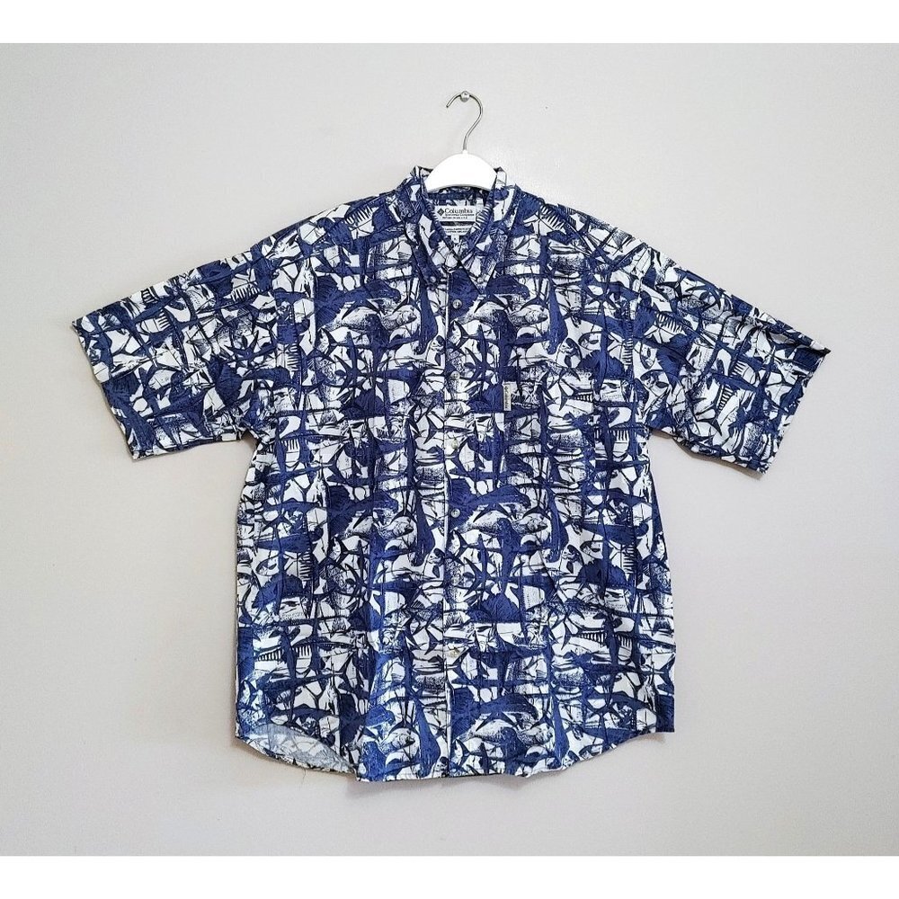 Columbia Button Down Shirt Fishing All Over Print Short Sleeve  Blue White